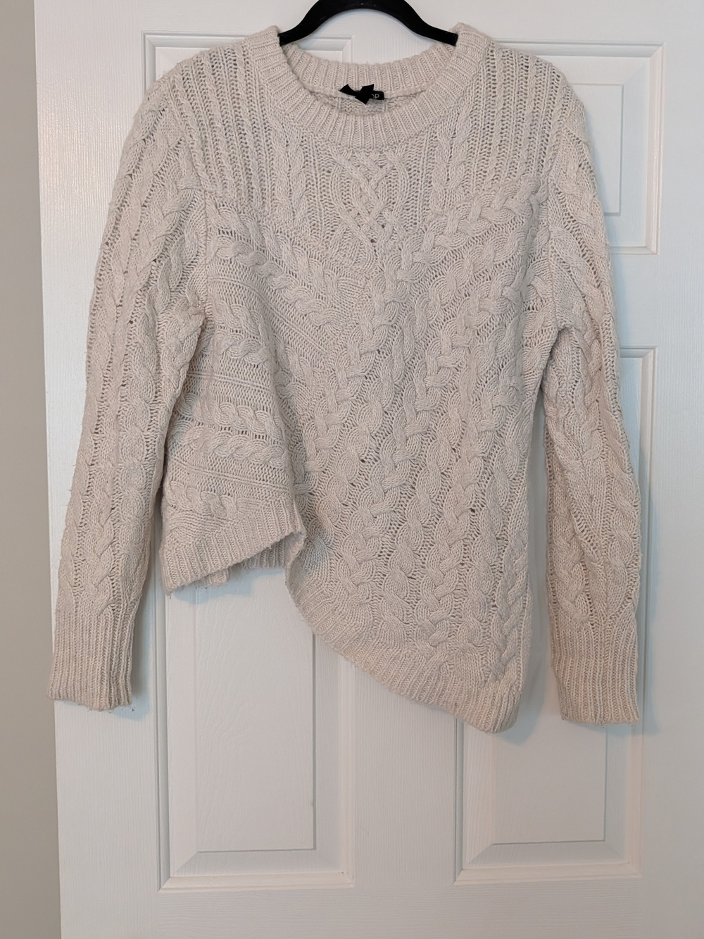Topshop Cream Cable Knit, Asymmetric Hem Crewneck Sweater